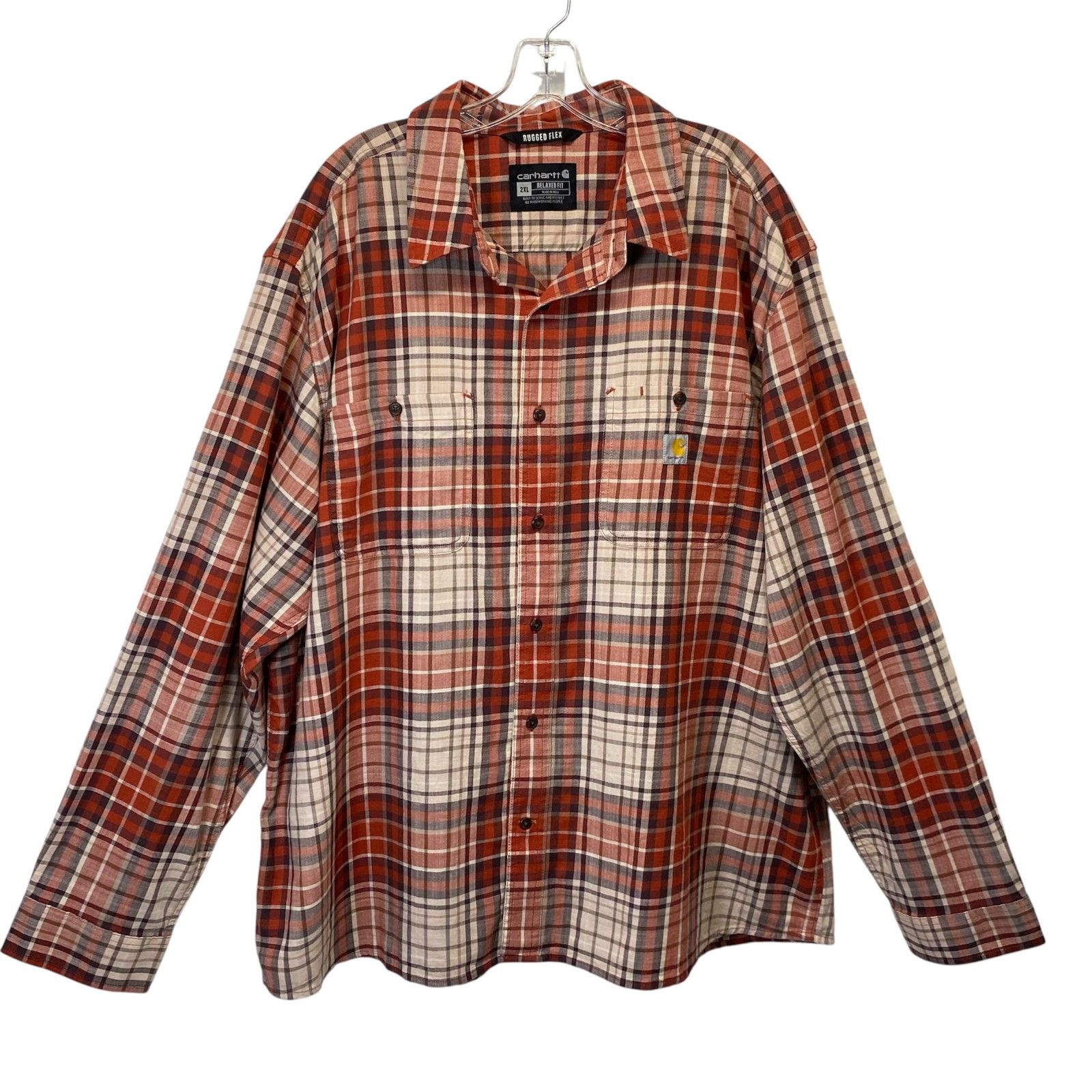 Carhartt Men’s 2xl Rugged Flex Relaxed Fit Orange Plaid Long Sleeve Shirt